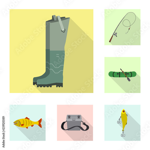 Vector design of fish and fishing symbol. Collection of fish and equipment stock vector illustration.