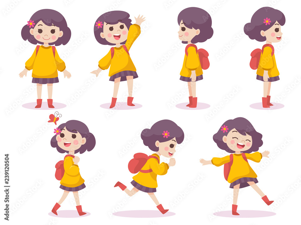 Set of Cute Girl Happy concept Spring season, cartoon character vector in flat design isolated on white background, Character design for Season Story Cartoon.