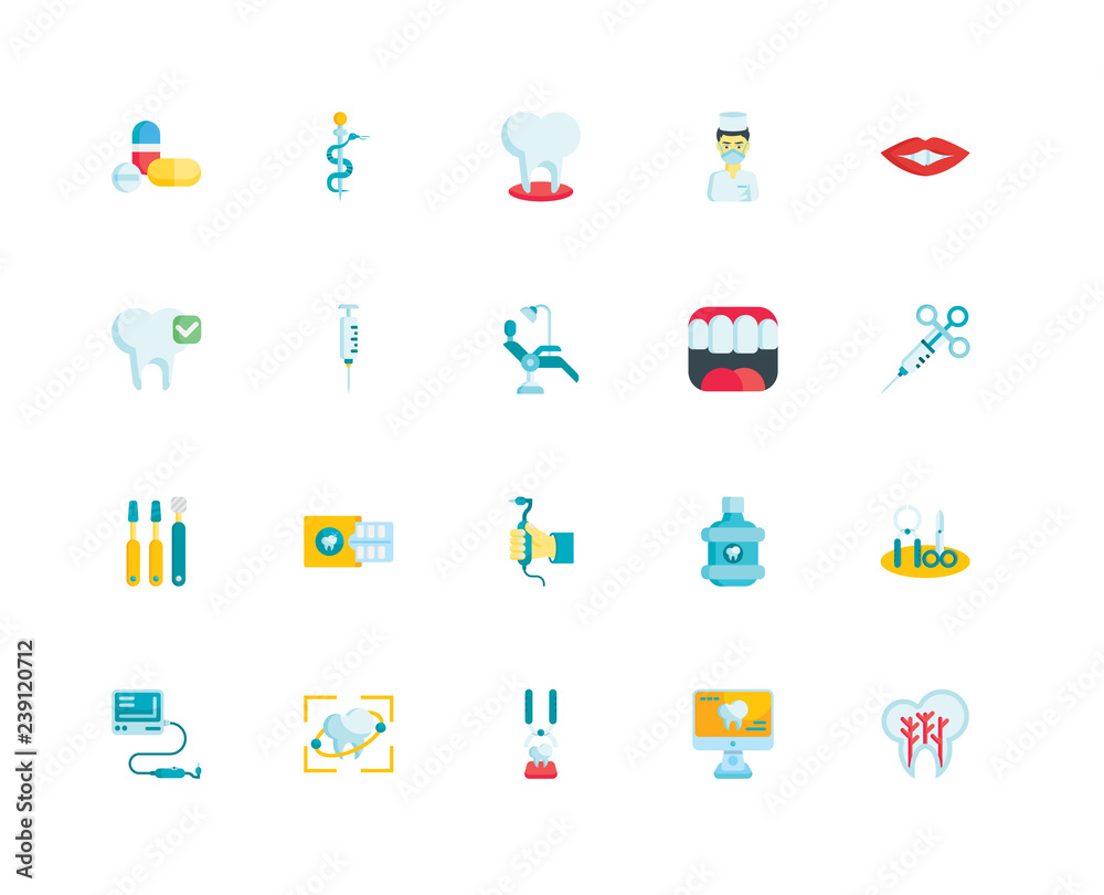 Fototapeta premium Simple Set of 20 Vector Icon. Contains such Icons as Tooth, Computer, Extraction, Smile, Teeth, Dental drill, Dentist tools, Anesthesia, Tooth. Editable Stroke pixel perfect