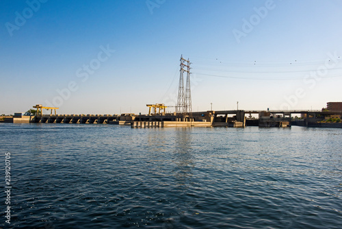 Landscape view of large dam with lock on river nile in Egypt