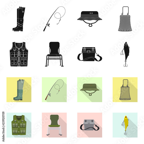 Vector illustration of fish and fishing sign. Collection of fish and equipment stock symbol for web.