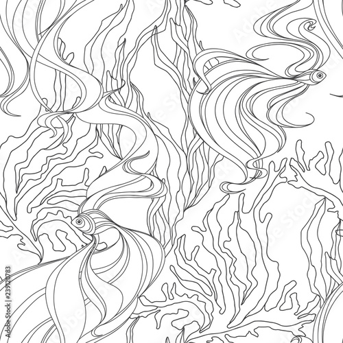 Seamless pattern with fishes and seaweed . Black and white vector illustration.