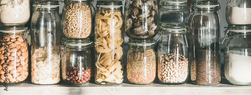 Fotografie Grains, cereals, nuts, dry fruit, flour, pasta kinds, wide composition