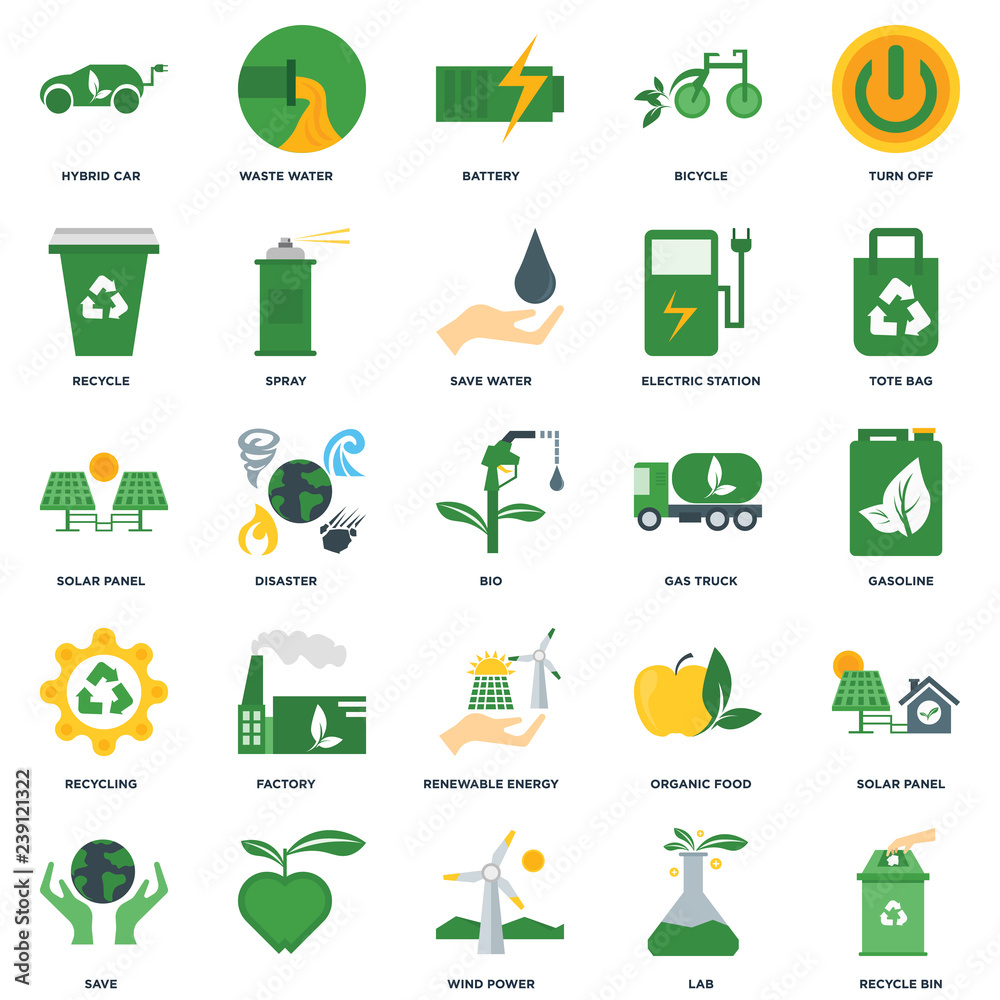 Set Of 25 icons such as Recycle bin, Lab, Wind power, , Save, Tote bag, Gas  truck, Renewable energy, Recycling, Recycle, Battery, Waste water icon  Stock Vector | Adobe Stock