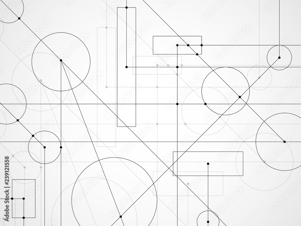 Abstract background of engineering drawing. Technological wallpaper made with circles and lines. Geometric design