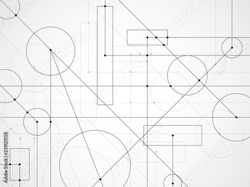 Abstract background of engineering drawing. Technological wallpaper made with circles and lines. Geometric design