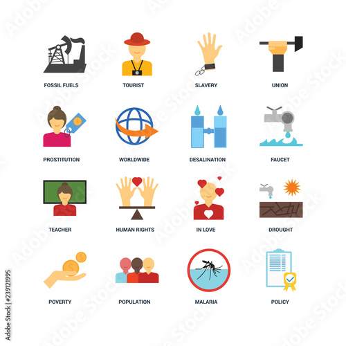 Set Of 16 icons such as Policy, Malaria, Population, Poverty, Drought, Fossil fuels, Prostitution, Teacher, Desalination icon