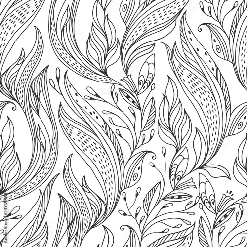Seamless pattern with abstract floral elements on white background. Black and white vector illustration. Outline hand-drawn drawing.