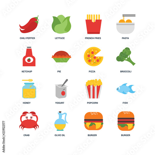 Set Of 16 icons such as Burger, Olive oil, Crab, Fish, Chili pepper, Ketchup, Honey, Pizza icon