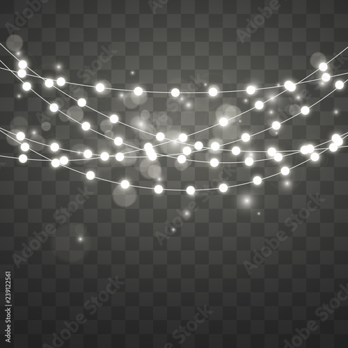 Christmas lights with highlight and bokeh effect. Xmas glowing garland. Vector illustration isolated on transparent background