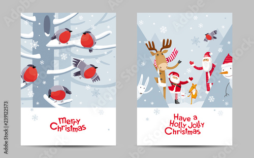 Funny Christmas birds, animals and Santa vector cards