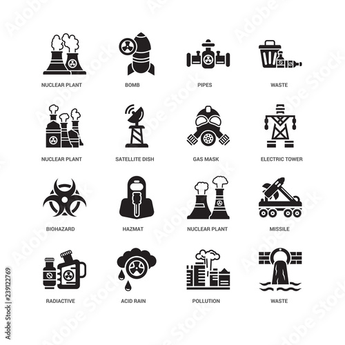 Simple Set of 16 Vector Icon. Contains such Icons as Waste, Satellite dish, Nuclear plant, undefined, Missile, Hazmat, Bomb. Editable Stroke pixel perfect