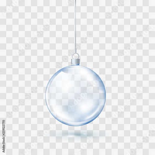 Blue Glass transparent Christmas ball. Xmas glass ball on transparent background. Holiday decoration template. Vector illustration