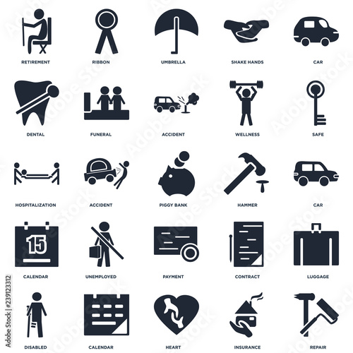 Set Of 25 icons such as Repair, Insurance, Heart, Calendar, Disabled, Safe, Hammer, Payment, Dental, Umbrella, Ribbon icon