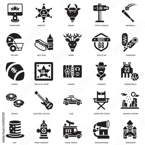 Simple Set of 25 Vector Icon. Contains such Icons as Spaceship, Gramophone, Food truck, Fire hydrant, Hat, Corndog, Cowboy, Cab, Donut, Helmet, Bison, Sheriff. Editable Stroke pixel perfect