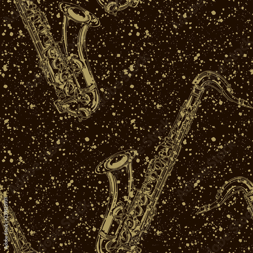 Seamless pattern with golden saxophones on a black background. Vector illustration.