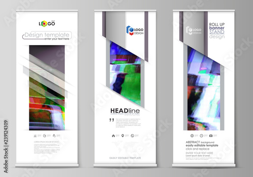 Roll up banner stands, flat design templates, abstract style, vertical vector flyers, flag layouts. Glitched background made of colorful pixel mosaic. Digital decay, signal error, television fail.