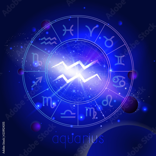 Vector illustration of sign AQUARIUS  with Horoscope circle against the space background.