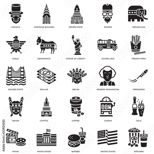 Simple Set of 25 Vector Icon. Contains such Icons as Popcorn, Fireworks, French fries, Chrysler building, Movie, Democratic, Casino, Golden state. Editable Stroke pixel perfect