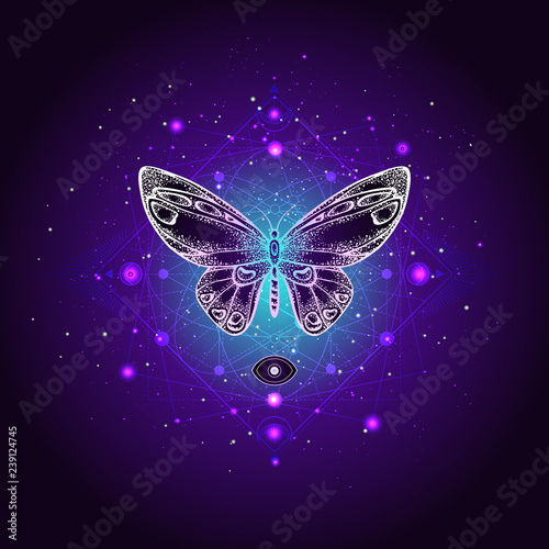Vector illustration with hand drawn butterfly and Sacred geometric symbol against night starry sky. Abstract mystic sign. © nadezhdash