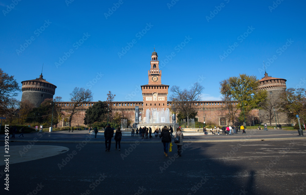 MILAN, ITALY, DECEMBER 5, 2018 - Sforzesco Castle in Cairoli place, Milan, Italy