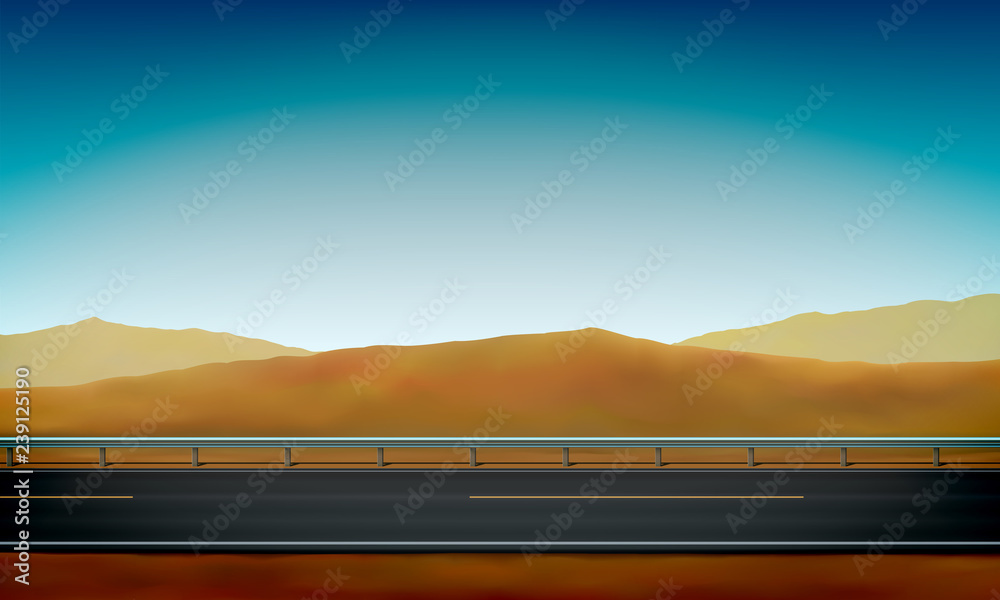 Side view of a road with a crash barrier, roadside, desert with sand dunes  and clear blue sky background, vector illustration Stock Vector | Adobe  Stock