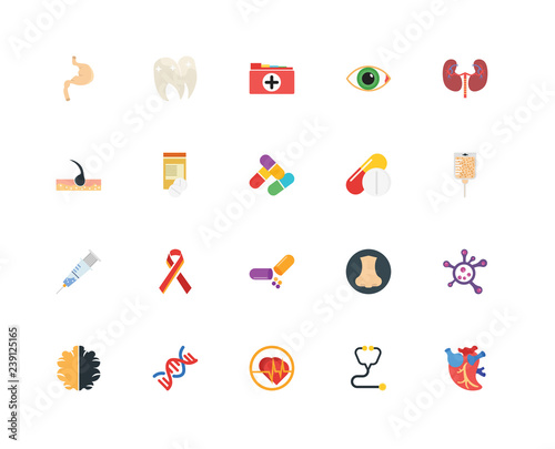 Set Of 20 icons such as Heart, Stethoscope, Cardiogram, Dna, Brain, Kidney, Pill, Antibiotic, Syringe, Drugs, Medical records, icon pack