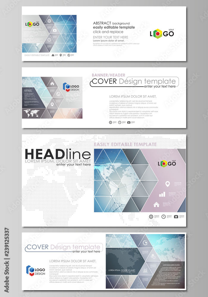 The minimalistic vector illustration of editable layout of social media, email headers, banner design templates in popular formats. Polygonal geometric linear texture. Global network, dig data concept
