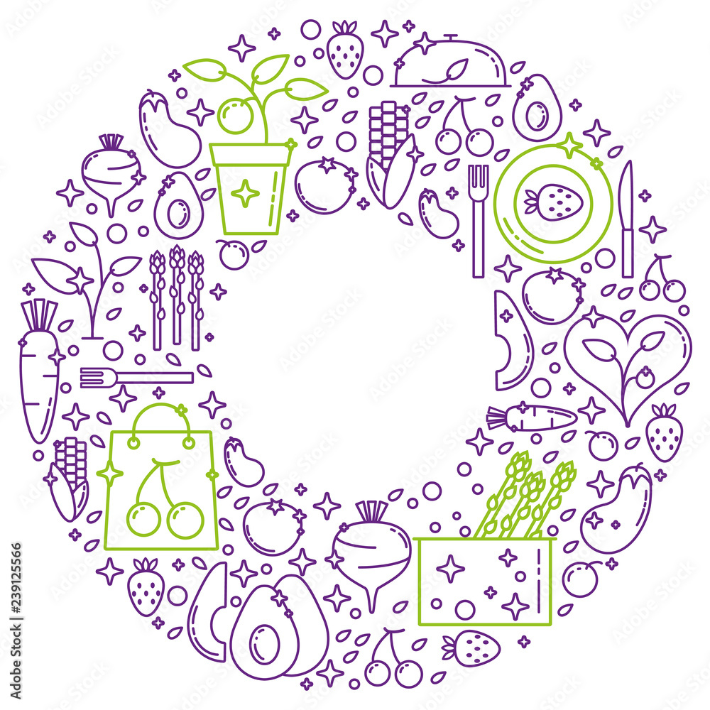 Plant-based food linear concept in circle with thin line icons in purple and green colors on white background, template with space for text .