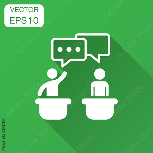 Politic debate icon in flat style. Presidential debates vector illustration with long shadow. Businessman discussion business concept.
