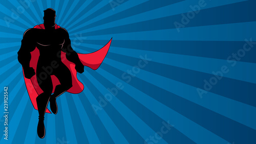 Full length illustration of cartoon superhero wearing cape while flying over abstract ray light background.