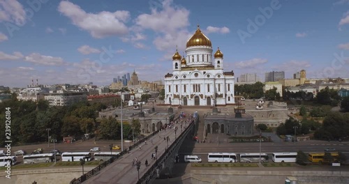 Aerial view of Christ the Saviour Cathedral. Moscow panorama in background 4k