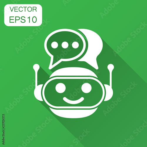 Cute robot chatbot icon in flat style. Bot operator vector illustration with long shadow. Smart chatbot character business concept.