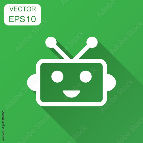 Cute robot chatbot icon in flat style. Bot operator vector illustration with long shadow. Smart chatbot character business concept.