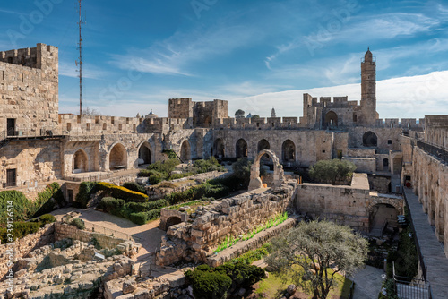 Beautiful view of David's tower at spring time in old city of Jerusalem, Israel. 