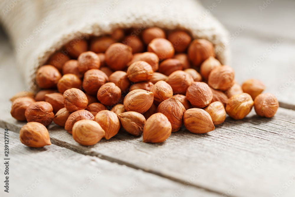 Chiselled hazelnuts in a bag of burlap on a gray wooden table. Organic Fresh Harvested Chiselled hazelnuts in a bag of burlap on a gray wooden table. Organic Fresh Harvested
