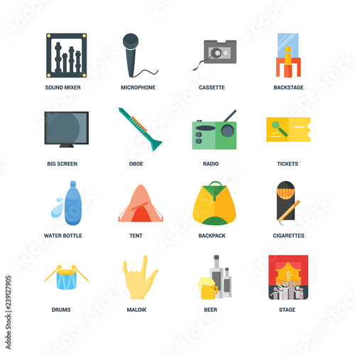Set Of 16 icons such as Stage, Beer, Maloik, Drums, Cigarettes, Sound mixer, Big screen, Water bottle, Radio icon