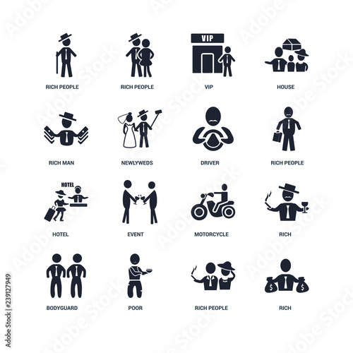 Set Of 16 icons such as Rich, Rich people, Poor, Bodyguard, man, Hotel, Driver icon