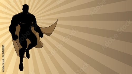 Full length illustration of cartoon superhero wearing cape while flying over abstract ray light background.