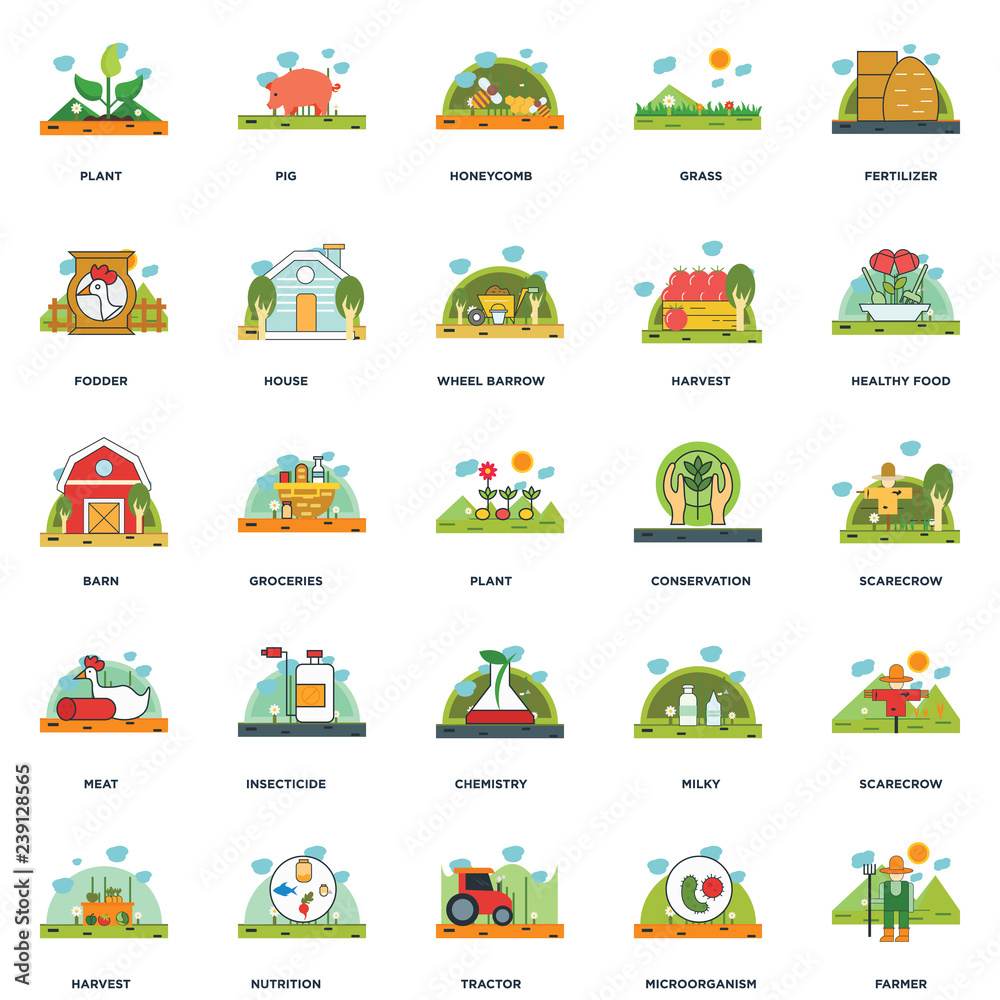 Set Of 25 icons such as Farmer, Microorganism, Tractor, Nutrition, Harvest, Healthy food, Conservation, Chemistry, Meat, Fodder, Honeycomb, Pig icon
