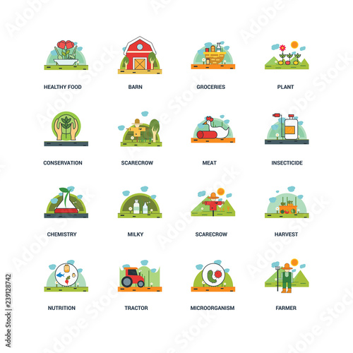 Set Of 16 icons such as Farmer, Microorganism, Tractor, Nutrition, Harvest, Healthy food, Conservation, Chemistry, Meat icon