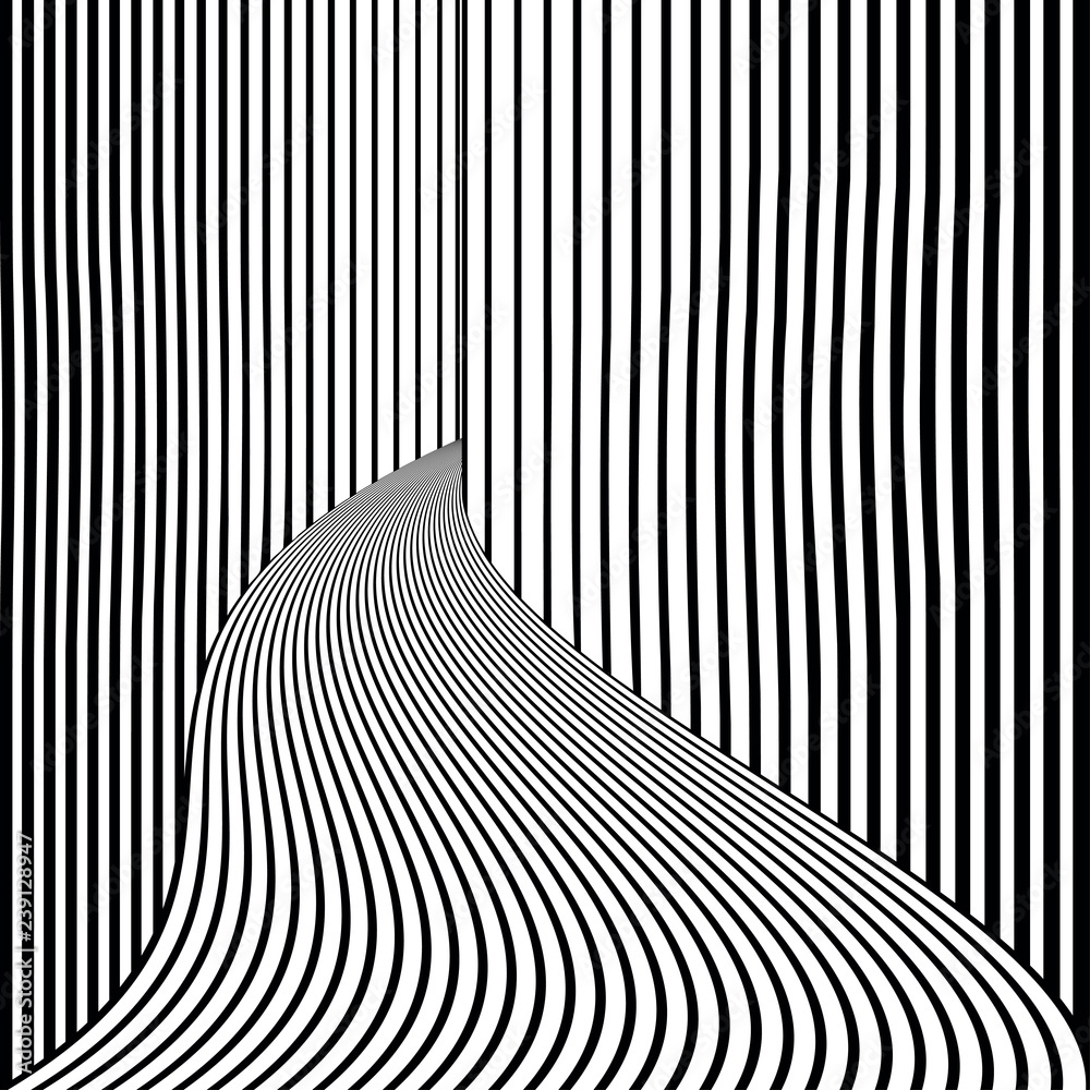 Distorted lines. ong corridor, door, vertical and horizontal stripes