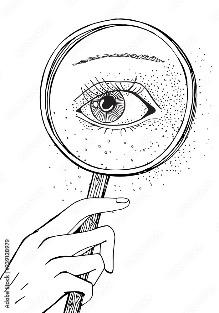 Blackwork tattoo flash. Eye and magnifying glass. Black and white Isolated  vector illustration. A4 size. - stock vector. Stock Vector | Adobe Stock