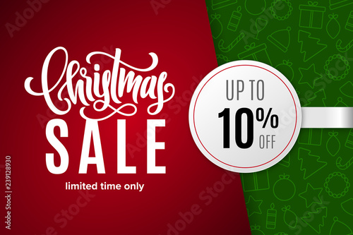 Christmas holiday sale 10 percent off with paper sticker on background with icons. Limited time only. Template for a banner, poster, shopping, discount, invitation