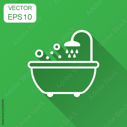 Bath shower icon in flat style. Bathroom hygiene vector illustration with long shadow. Bath spa business concept.