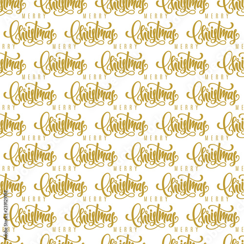 Merry Christmas golden hand lettering seamless pattern background. Template for a business card, banner, poster, notebook, invitation