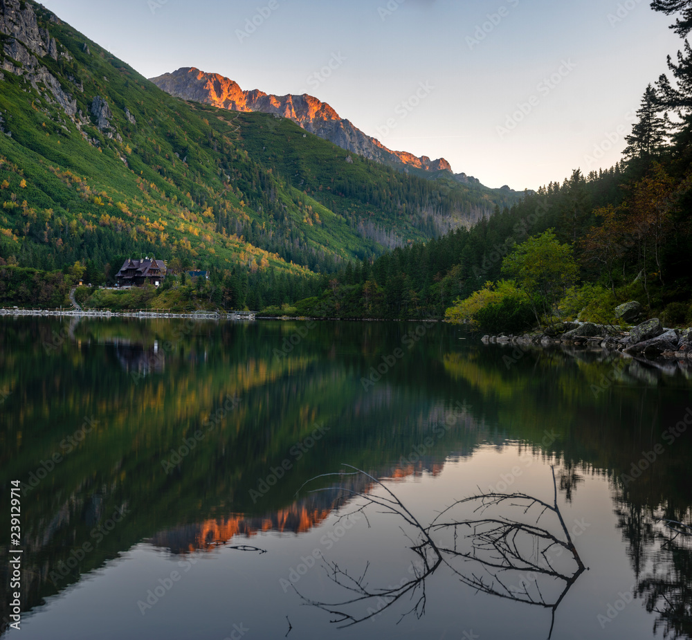 mountain lake during sunrise - Morskie Oko, Tatra Mountains, Poland