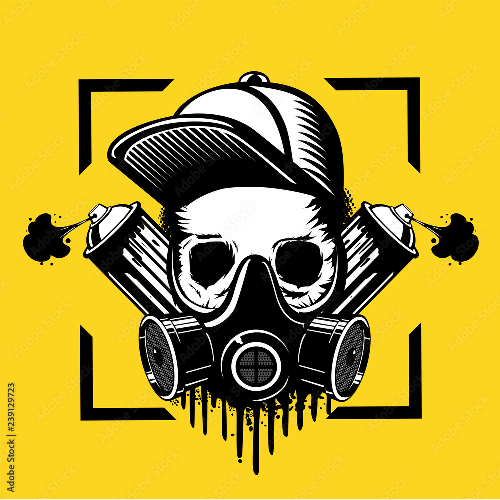 Street art artist. Skull in a protective mask and paint spray can