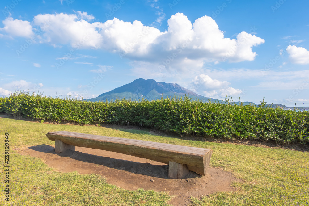 Sakurajima mountain, sea and blue sky background , Kagoshima, Kyushu, Japan