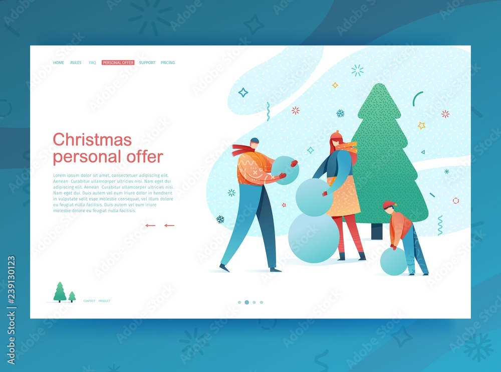 Design winter holidays landing page template. Merry Christmas and Happy New year website layout. Flat people family characters making a snowman. Trendy illustration for christmas offer banner. Vector Design winter holidays landing page template. Merry Christmas and Happy New year website layout. Flat people family characters making a snowman. Trendy illustration for christmas offer banner. Vector